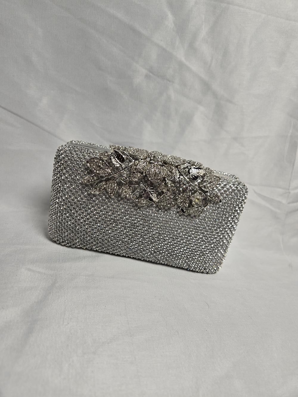 Silver Crystal Floral Embellished Evening Clutch